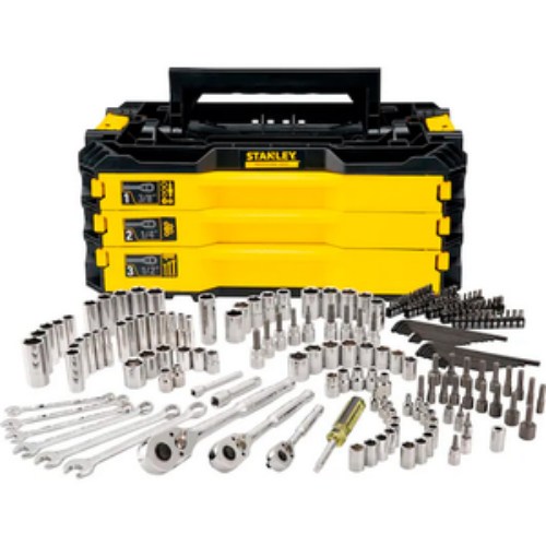 JUEGO MECANICO 203 PIEZAS 1/4 3/8 Y RATCHET 1/2 CROMADAS 3 GAVETAS STANLEY
