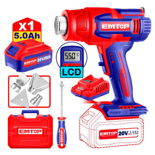 PISTOLA DE CALOR INALAMBRICA PANTALLA LCD 20V. 300° EMTOP