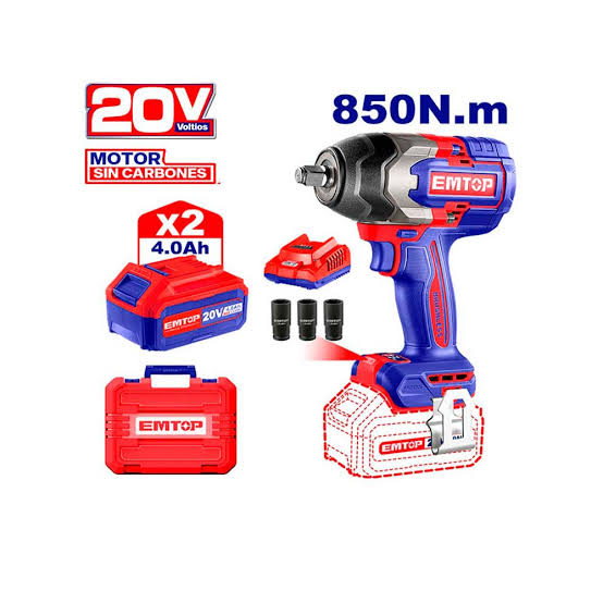LLAVE DE IMPACTO INALAMBRICA 20V 2000RPM 800NM C/2B 4.0AH EMTOP